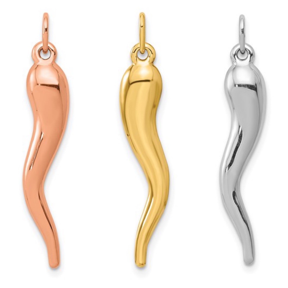 14k yellow rose or white Gold 3D Italian Horn Cornicello Charm pendant amulet